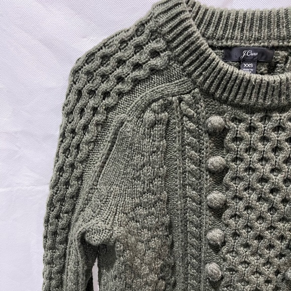 EUC J.Crew Cable Knit Pom Pom Wool Sweater Forrest Green XXS - Picture 7 of 7